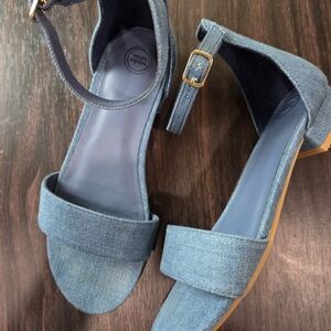 Kids Denim Block Heel Sandals with Ankle Strap - Blue
